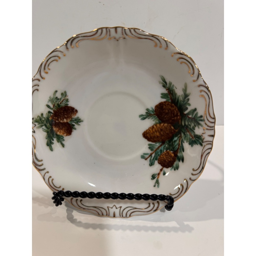Sterling China Japan Saucer Pinecone Evergreen Scalloped Gold Gilt White Vintage